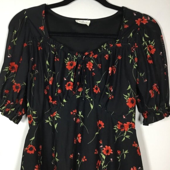 Black with blowers floaty babydoll top sheer short sleeves flare waist size S - Picture 2 of 8